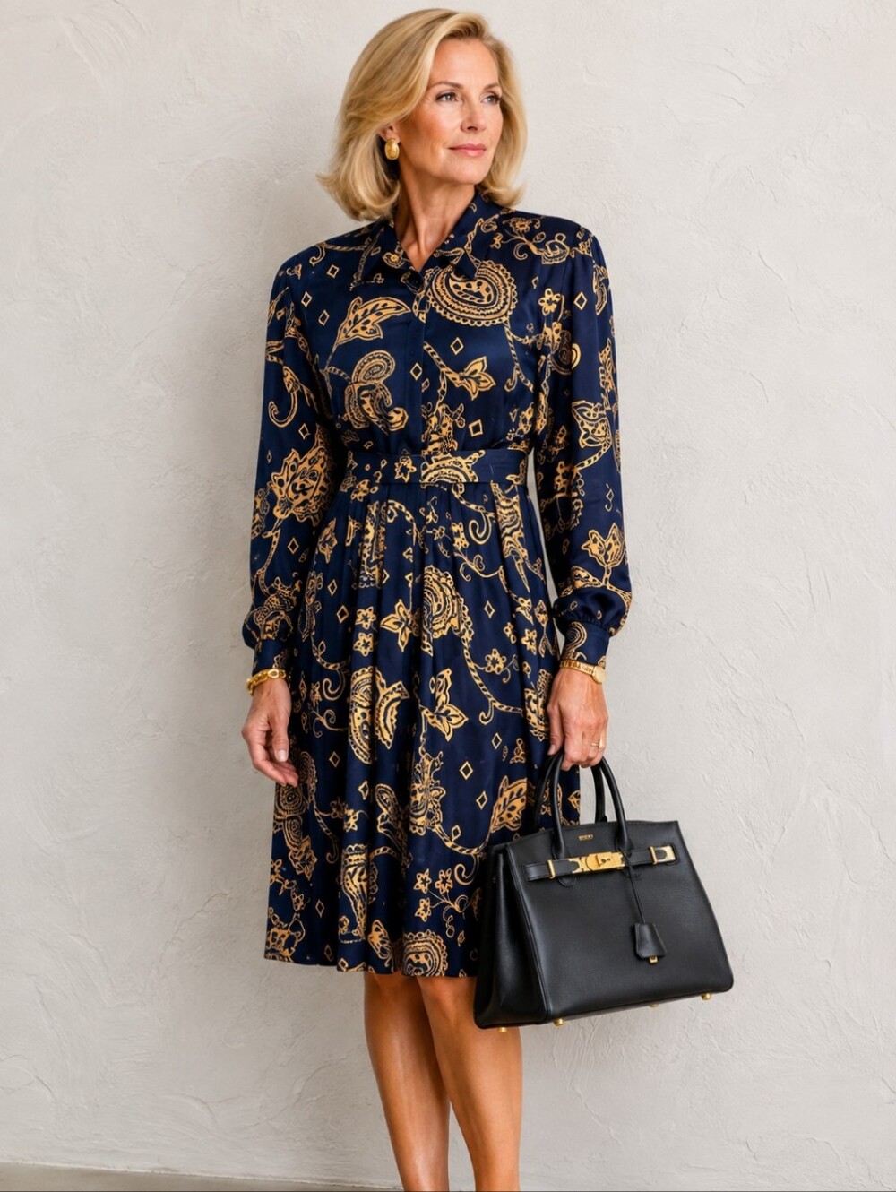 vtg 100% Silk Dress Black/ Gold Paisley Scroll self Belt Button Front Dress Sz 4